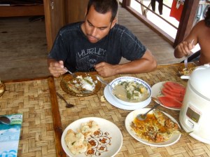 Fish, Tenpura style bean cakes, Veggie soup, Watermelon