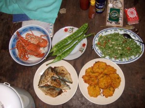 Lobster, Supersized Edamame, Green Beans, Fish, Corn Fritter stuff